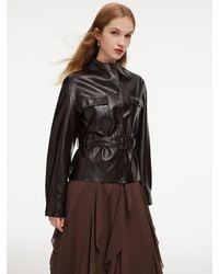 GOELIA - Pu Leather Stand Collar Wind-Proof Belted Jacket - Lyst