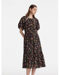 GOELIA - 16 Momme Mulberry Silk Cut-Out Rose Printed Midi Dress - Lyst