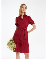 GOELIA - Puff Sleeves Tiered Mini Dress With Belt - Lyst
