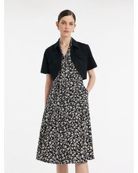 GOELIA - Denim Crop Jacket And Iris Print Spaghetti Strap Midi Dress Two-Piece Set - Lyst