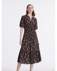 GOELIA - Mulberry Silk Rose Printed V-Neck Puff Sleeves Midi Dress - Lyst