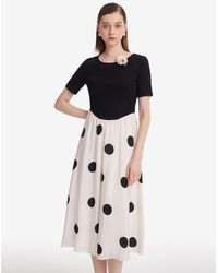 GOELIA - 16 Momme Mulberry Silk Polka Dots Printed Patchwork Midi Dress With Scrunchie And 3D Rose Clip - Lyst