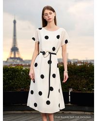 GOELIA - 16 Momme Mulberry Silk Boat Neck Polka Dots Printed Midi Dress With Belt And Scrunchie - Lyst