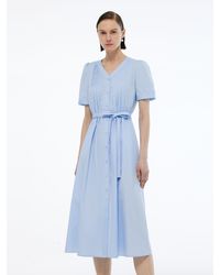 GOELIA - V-Neck Pleat Front A-Line Tie Belt Midi Dress - Lyst