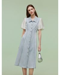 GOELIA - Denim Patchwork Puff-Sleeved Midi Dress - Lyst