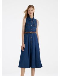 GOELIA - Denim Lapel Midi Vest Dress With Belt - Lyst