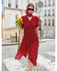 GOELIA - 10 Momme Mulberry Silk Polka Dots Printed Wrapped Ruffle Midi Dress - Lyst