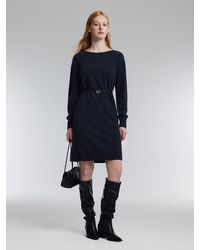 GOELIA - 100% Wool Boat Neck Knit Mini Dress With Belt - Lyst