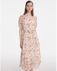 GOELIA - Rose Printed Puff Sleeves Midi Dress With Belt - Lyst