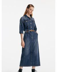 GOELIA - Shirt-Style Denim Maxi Dress With Belt And Waist Bag - Lyst