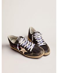 Golden Goose Ball Star Trainers In Black Canvas With Platinum Metallic Leather Star And Black Glitter Heel Tab