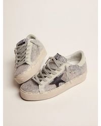 Golden Goose Hi Star Sneakers In Silver Glitter And Wool And Star With Chenille Embroidery - Metallic