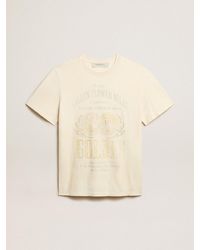 Golden Goose - T-Shirt Homme En Coton Blanc Vieilli Avec Imprimé Sur Le Devant, Homme, Taille - Lyst