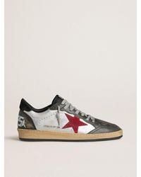 Golden Goose - Ball Star Ltd Pour Homme En Cuir Lamé Argenté Avec Étoile En Cuir Velours Rouge Et Empiècements Noirs, Homme, Taille - Lyst