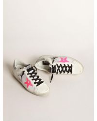 Golden Goose - Super-star Sneakers In White Leather And Canvas With Shocking-pink Leather Star And Silver Glitter Heel Tab - Lyst
