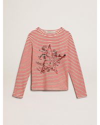 Golden Goose - T-Shirt With And Stripes And Embroidery On The Front - Lyst