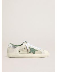 Golden Goose - Super-Star Ltd Pour Homme En Daim Et Résille Blanche Avec Étoile En Cuir Vert Et Contrefort Argenté, Homme, Taille - Lyst