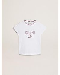 Golden Goose - T-Shirt Pour Fille En Coton Blanc Avec Broderie Réalisée À La Main, , Taille - Lyst