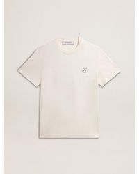 Golden Goose - T-Shirt Homme En Coton Blanc Vieilli Avec Imprimé Sur La Poitrine, Homme, Taille - Lyst