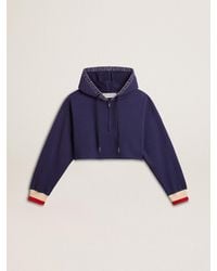 Golden Goose - Felpa Cropped Di Colore Blu Scuro Con Chiusura A Zip E Cappuccio Ricamato, Taglia - Lyst