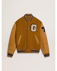 Golden Goose - Ochre Wool Bomber Jacket With Leather Sleeves - Lyst
