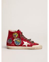 Golden Goose - Francy Penstar Sneakers In Red Suede With Multicolored Patches And Silver Laminated Leather Star - Lyst