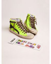 Golden Goose Dream Maker Collection Slide Sneakers In Fluorescent Yellow Canvas With Black Star