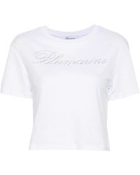 Blumarine - T-shirt Con Ricamo Logo In Strass - Lyst