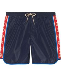 Gucci Nylon Swim Shorts With Logo Stripe - Blue
