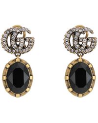Gucci Double G Earrings With Black Crystals - Metallic