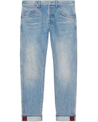 Gucci Tapered Denim Trousers With Web - Blue