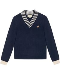 Gucci V-neck Wool Knit With Bee - Blue