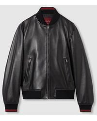 Gucci - Leather Bomber Jacket With Web - Lyst