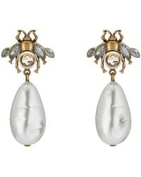Gucci Bee Earrings With Drop Pearls - Metallic