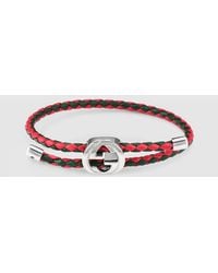 Gucci - Braided Leather Bracelet With Web - Lyst