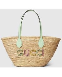 Gucci - Small Straw Tote Bag With Logo - Lyst