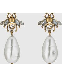 Gucci Bee Crystal Embellished And Drop Pearl Earrings - Metallic