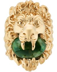Gucci Lion Head Ring With Green Gemstone - Metallic