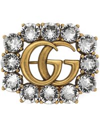 Gucci Metal Double G Brooch With Crystals - Metallic