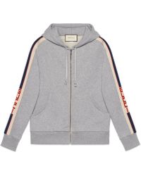 Gucci Hooded Zip-up Sweatshirt With Stripe - Gray