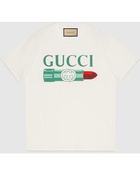 Gucci - T-shirt En Coton À Imprimé Rouge À Lèvres - Lyst