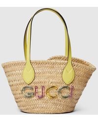 Gucci - Mini Straw Tote With Logo - Lyst