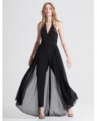 Halston Halter Neck Crepe Jumpsuit With Georgette Overlay - Black