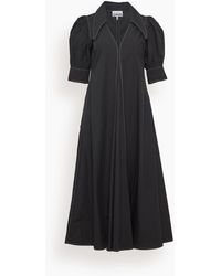 Ganni Cotton Poplin V-neck Dress - Black