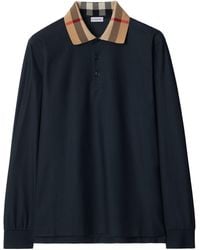 Burberry - Cotton Check-Collar Long-Sleeve Polo Shirt - Lyst
