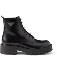 Prada - Leather Logo-Plate Lace-Up Boots - Lyst