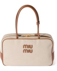 Miu Miu - Leather-Canvas Beau Top-Handle Bag - Lyst