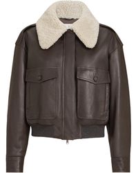Brunello Cucinelli - Nappa Leather Shearling Collar Aviator Jacket - Lyst