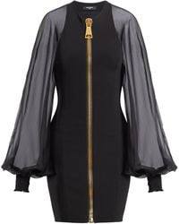 Balmain - Sheer-Sleeve Compact-Knit Mini Dress - Lyst