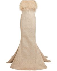 Jovani Feather-embellished Jacquard Gown - Metallic